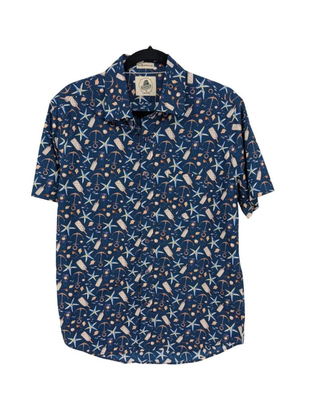 Nautical Hawaiian Button Up Shirt Starfish Anchor Print Coastal Vacation Medium
